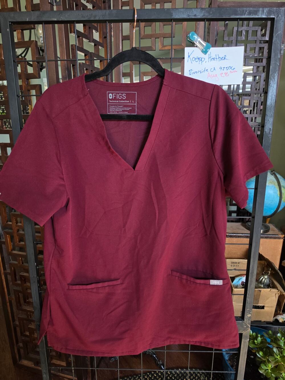FIGS Women's Casma Three-Pocket V-Neck Scrub Top - Burgundy - Size L